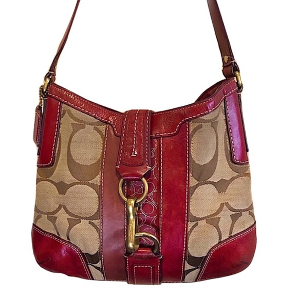 Coach Handbags - COACH Hampton Signature C Canvas Crimson Red Leather Embroidered Shoulder Bag